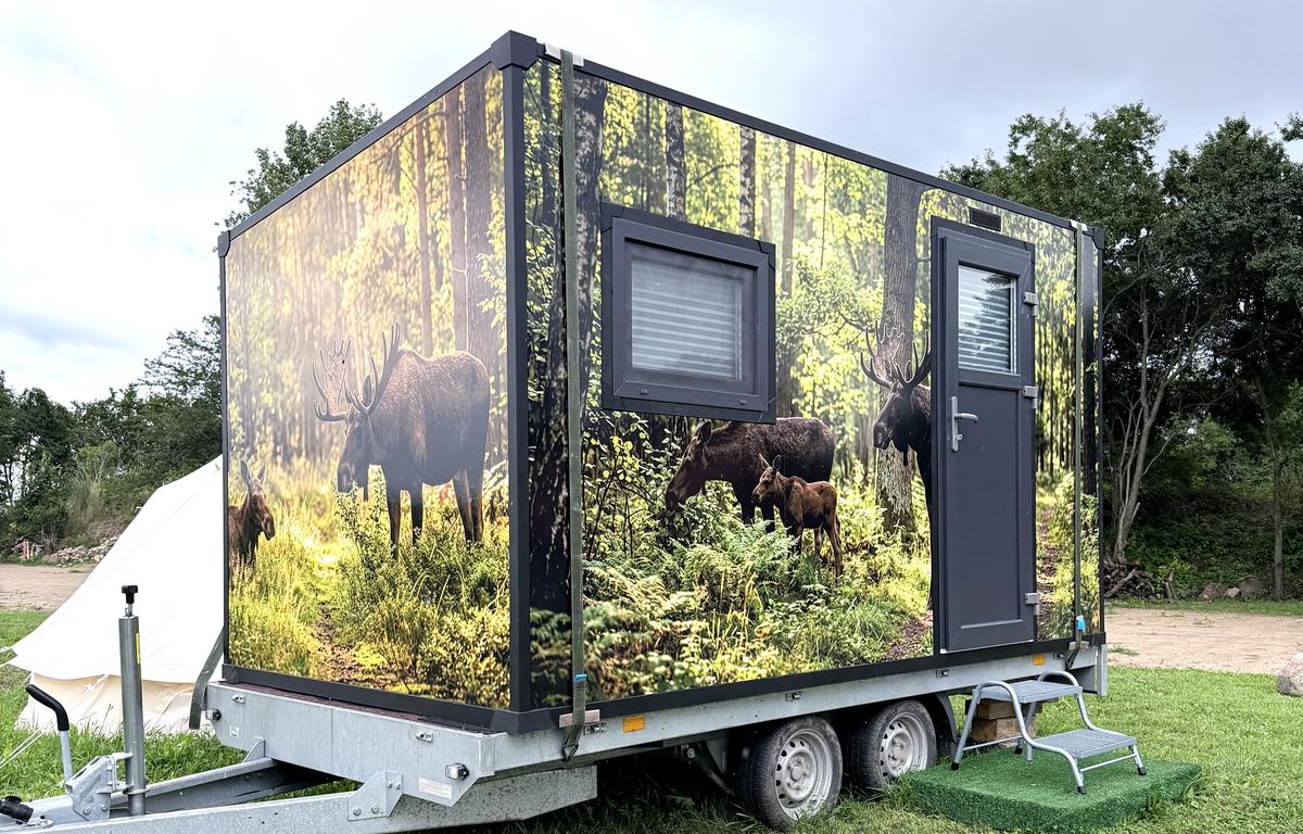 Beaver Cube 388 – autarkes mobiles Tiny House mit Elch-Folierung auf dem Zeltplatz